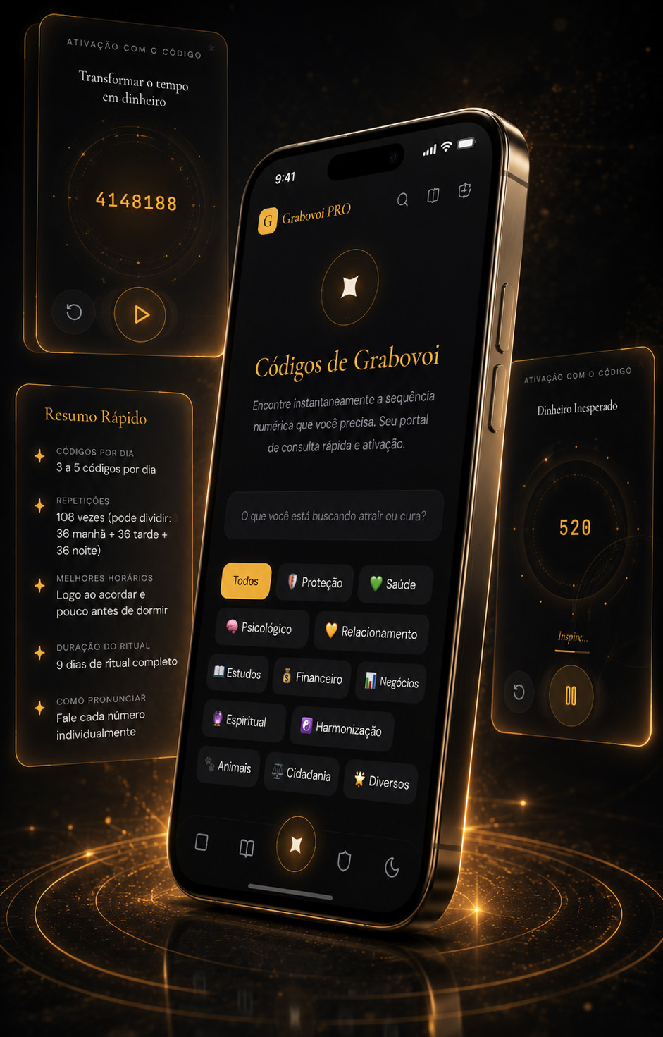 Tela do app Grabovoi PRO com geometria sagrada