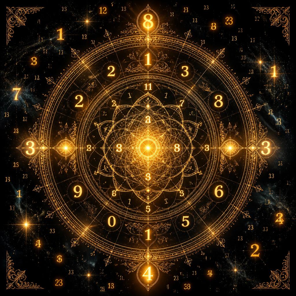 Mandala dourada com códigos numéricos de Grabovoi